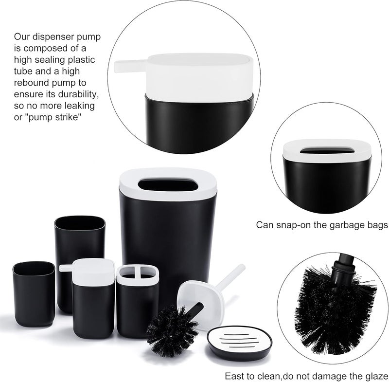 DUFU Bathroom Accessories Set 6 Piece Bath Ensemble Set with Trash Can, Toilet Brush Set, Toothbrush Holder, Tumbler, Soap Dish, Soap Dispenser for Decorative Countertop and Housewarming Gift(Black) - Image 3