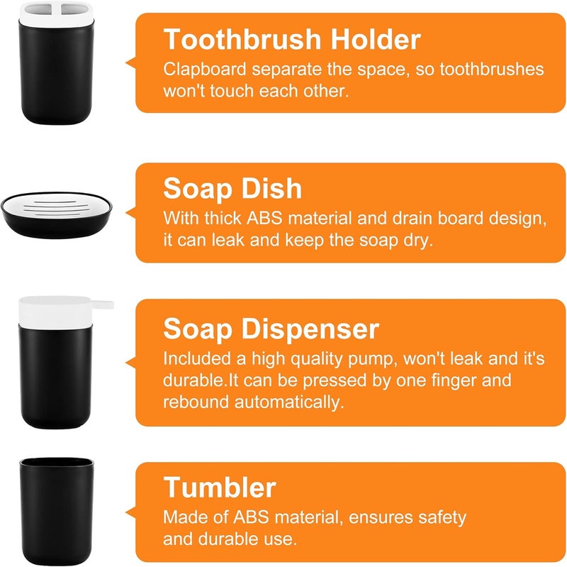 DUFU Bathroom Accessories Set 6 Piece Bath Ensemble Set with Trash Can, Toilet Brush Set, Toothbrush Holder, Tumbler, Soap Dish, Soap Dispenser for Decorative Countertop and Housewarming Gift(Black) - Image 2