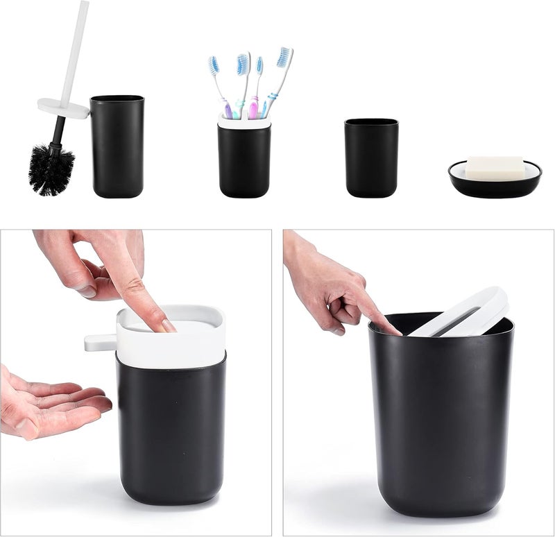 DUFU Bathroom Accessories Set 6 Piece Bath Ensemble Set with Trash Can, Toilet Brush Set, Toothbrush Holder, Tumbler, Soap Dish, Soap Dispenser for Decorative Countertop and Housewarming Gift(Black) - Image 4