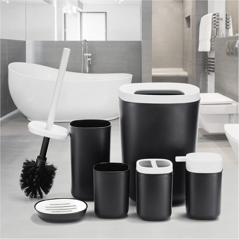 DUFU Bathroom Accessories Set 6 Piece Bath Ensemble Set with Trash Can, Toilet Brush Set, Toothbrush Holder, Tumbler, Soap Dish, Soap Dispenser for Decorative Countertop and Housewarming Gift(Black) - Image 1