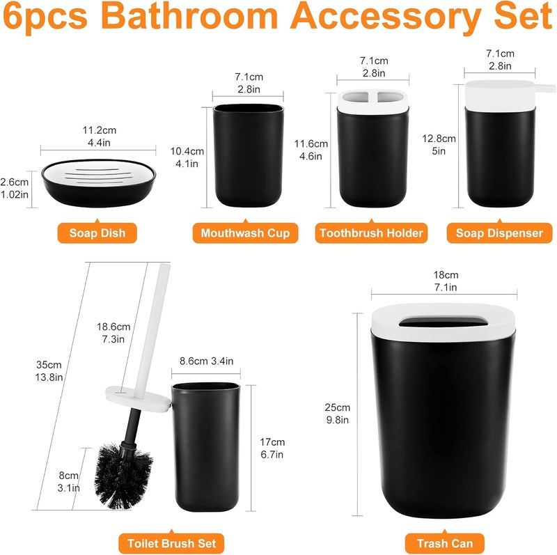DUFU Bathroom Accessories Set 6 Piece Bath Ensemble Set with Trash Can, Toilet Brush Set, Toothbrush Holder, Tumbler, Soap Dish, Soap Dispenser for Decorative Countertop and Housewarming Gift(Black) - Image 5