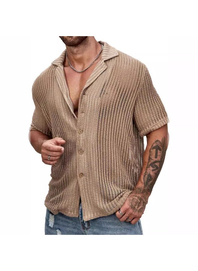 NIBEMINENT Men's Casual Shirt Fashion Breathable Men Cardigan Short Sleeve Knit Tops Summer Hollow Out Beach Button Solid Shirts - Image 1