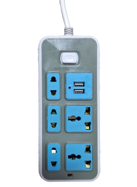 Electric Power strip - 2500 watt, Auto max 10 A / 220-250V , with 5 Outlet , 1.5 CM cable , 2 Port USB and  for Laptop, PC, MacBook , Home and Office Electrical appliances and Mobile charger
