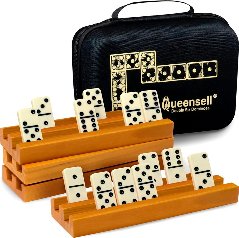 Queensell Dominos Set for Adults with 4 Domino Racks - Double 6 Dominoes Set with Domino Holder, Classic Board Games for Kids and Adults - Double Six Standard Dominos Set 28 Tiles with Travel Case - Image 1