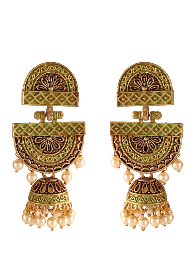 ISHIN Gold-Toned & Green Classic Jhumkas Earrings  - Image 3