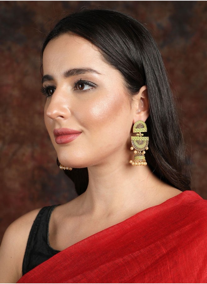 ISHIN Gold-Toned & Green Classic Jhumkas Earrings  - Image 4