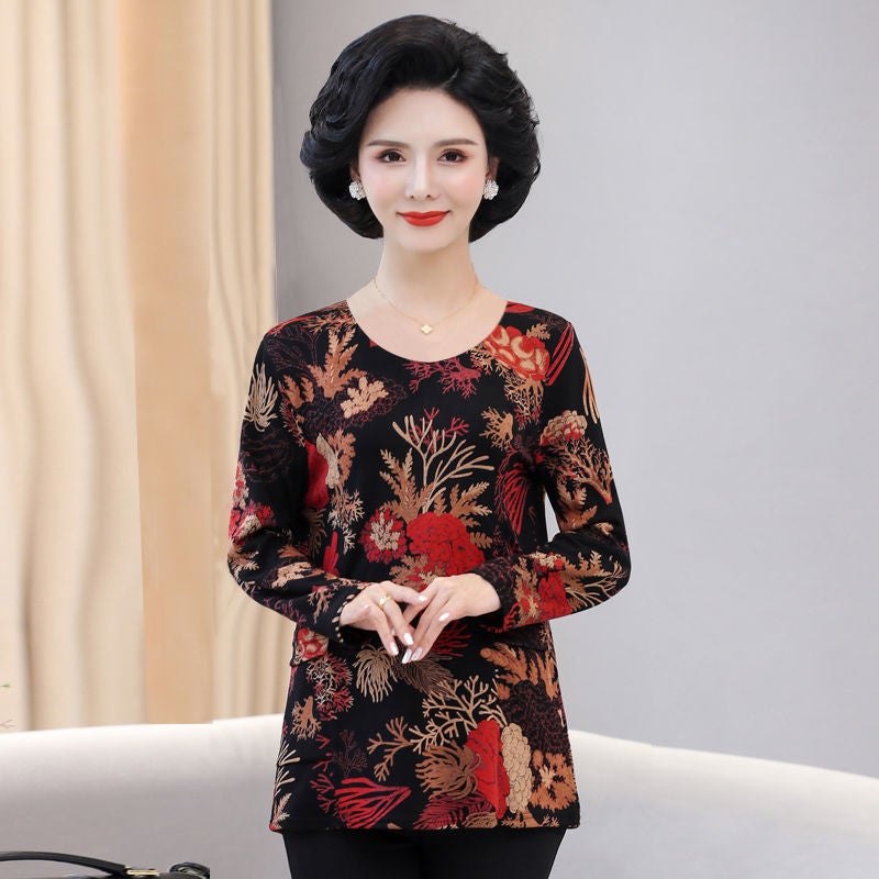 Middle-aged and elderly mothers wear round neck long-sleeved T-shirt fashionable printed mid-length bottoming shirt young spring and autumn new top - Image 4