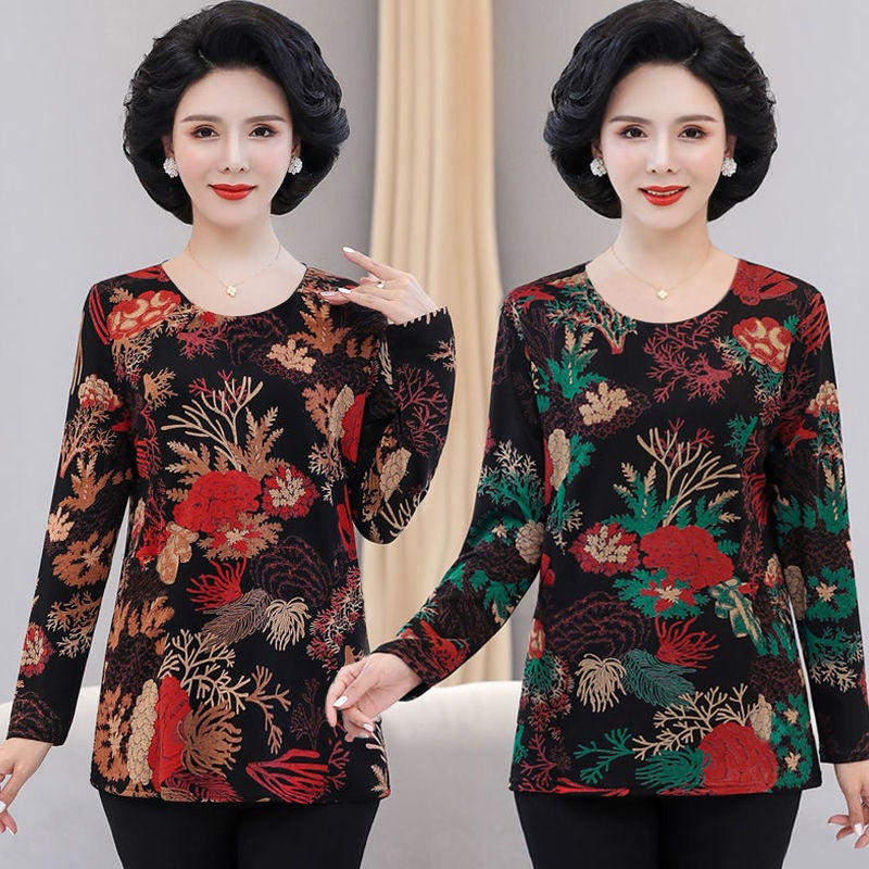 Middle-aged and elderly mothers wear round neck long-sleeved T-shirt fashionable printed mid-length bottoming shirt young spring and autumn new top - Image 2