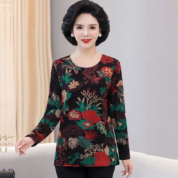Middle-aged and elderly mothers wear round neck long-sleeved T-shirt fashionable printed mid-length bottoming shirt young spring and autumn new top - Image 1