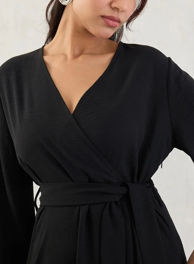 Femmella  Femmella Black Wrap Front Midi Dress with Tie Belt for Women | Best Price UAE
