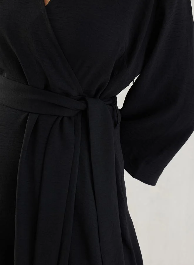 Femmella  Femmella Black Wrap Front Midi Dress with Tie Belt for Women | Best Price UAE