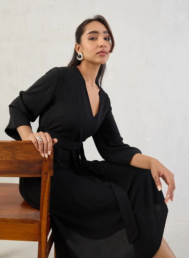 Femmella  Femmella Black Wrap Front Midi Dress with Tie Belt for Women | Best Price UAE