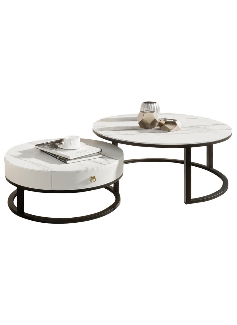 Sharpdo Household Living Room Rock Panel Retractable Tea Table Circular Tea Table 70*70*45&50*50*40CM - Image 1