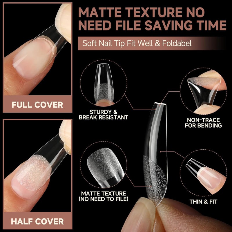 UNA GELLA Coffin Nails Tips, 216 PCS Soft Gel Nail Tips Coffin Half Matte Full Cover False Nails Pre-shaped Clear Acrylic Press on Nails Medium for Nail Extensions Home DIY Salon, 12 Sizes - Image 4