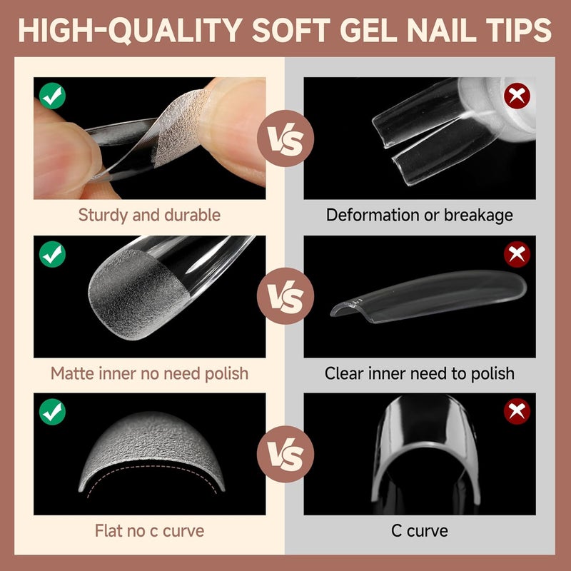 UNA GELLA Coffin Nails Tips, 216 PCS Soft Gel Nail Tips Coffin Half Matte Full Cover False Nails Pre-shaped Clear Acrylic Press on Nails Medium for Nail Extensions Home DIY Salon, 12 Sizes - Image 5