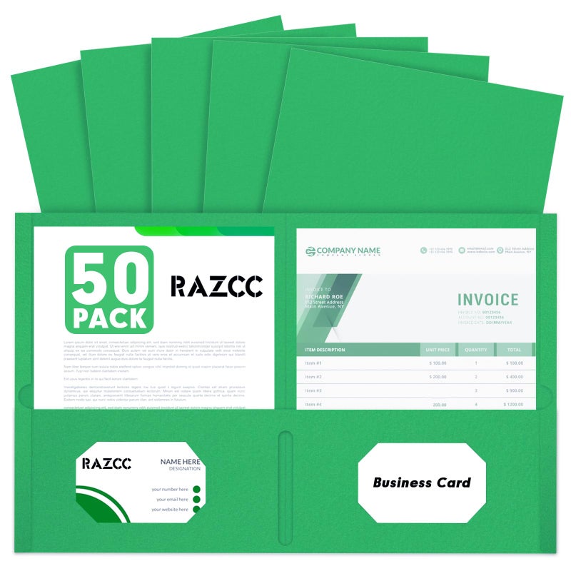 RAZCC Two Pocket Folders, 50 Pack 2Pocket Folders Fit Letter Size Paper, Paper Folders with Pockets for School Office Business Home, Green - Image 1