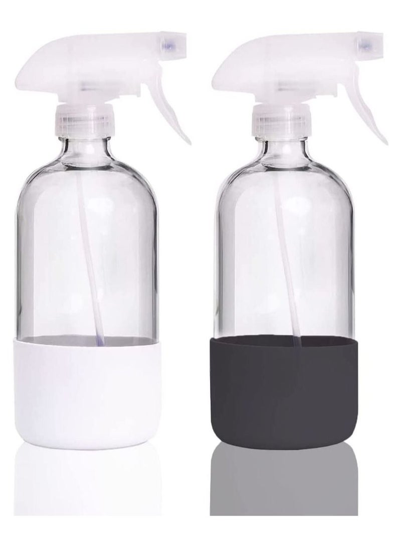 Excefore Empty Clear Glass Spray Bottles with Silicone Sleeve Protection - Refillable 16 oz Containers for Cleaning Solutions, Essential Oils, Misting Plants - Quality Sprayer - 2 Pack - Image 1