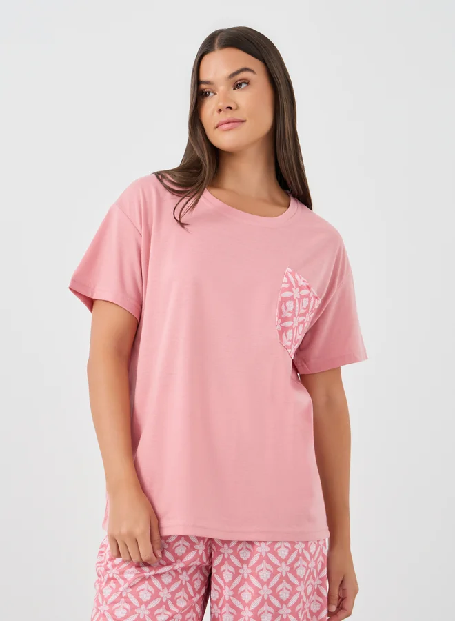 ستايلي Styli Printed Pocket Round Neck T-Shirt and Pyjama Set