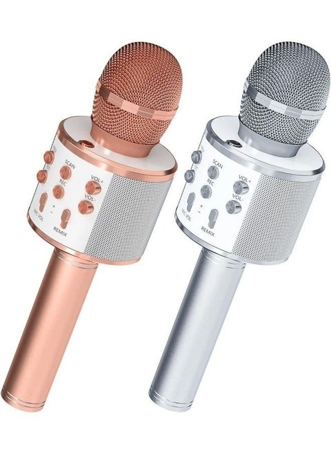 ELTRAZONE 2-Pack Wireless Bluetooth Karaoke Microphones - Portable Handheld Mics with Built-In Speaker (Rose Gold & Silver)