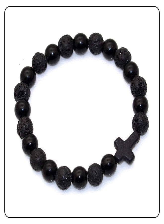 Fusamk Fashion Yoga Natural Stone Bracelet Religious Cross Beads Link Bracelet.7.5" Wrist - Image 4