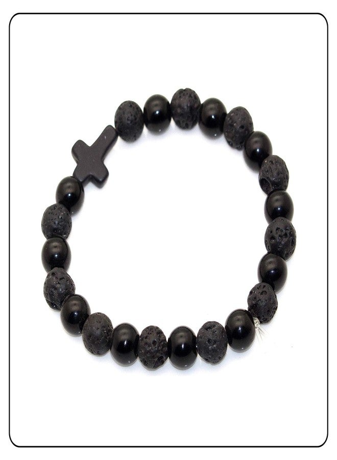Fusamk Fashion Yoga Natural Stone Bracelet Religious Cross Beads Link Bracelet.7.5" Wrist - Image 5