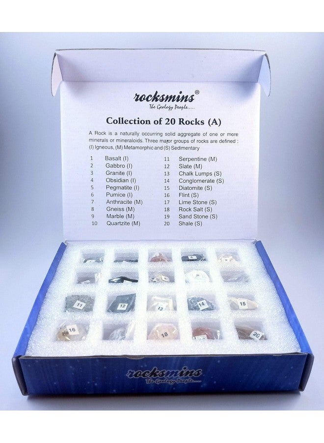 Rocksmins Collection of 20 Rocks in Beautiful Colour Box for School Education Igneous Sedimentary Metamorphic samples collections introductory activity geology earth science volcanic stones - Image 2