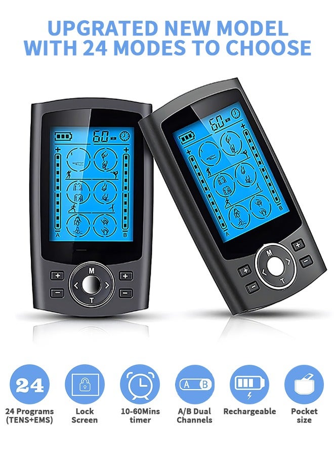 GROIC 24 Modes Dual Channel Tens Unit Electro Muscle Stimulator Rechargeable Pulse Massager with Electrodes 10 Pads  20 Levels for Neck Back Arms Chronic Pain Relief Body Building - Image 2