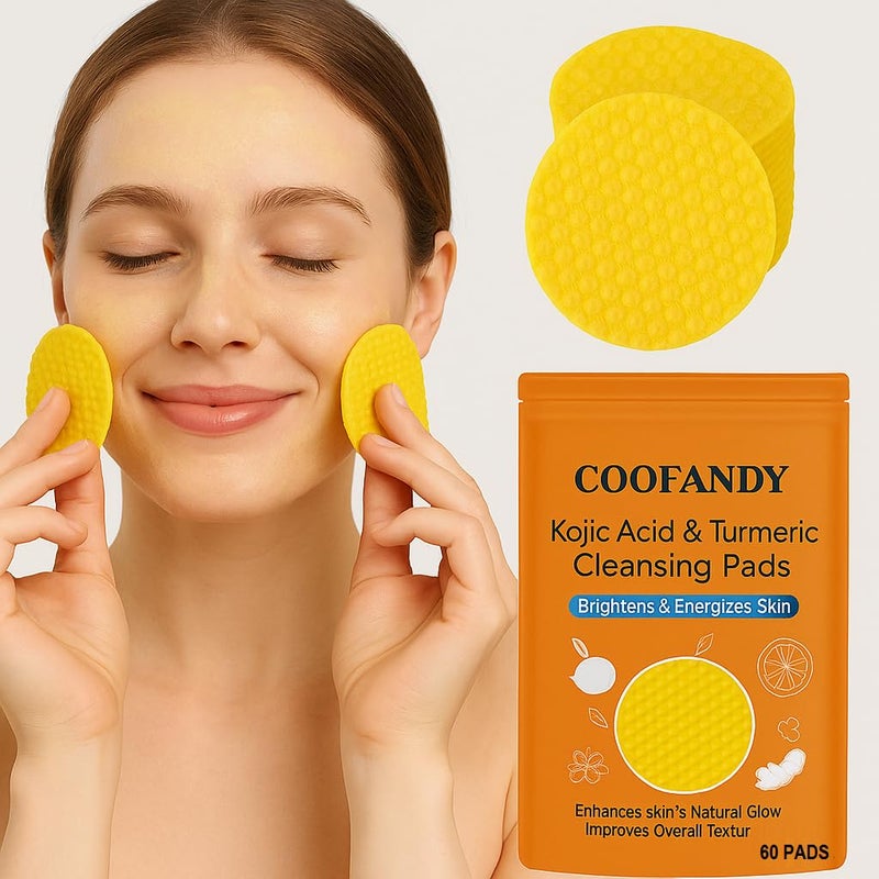 COOFANDY Turmeric & Kojic Acid Face Cleansing Pads for Dark Spots,Skin Brightening & Acne Prevention | Vitamin C,E | For Women & Men | Balancing Oil and Water | All Skin Types | (60Pcs) (PACK OF 1) - Image 1