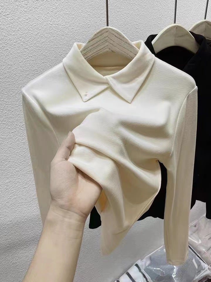 Polo collar double-sided velvet bottoming shirt womens 2024 autumn and winter warm inside thick long sleeve t-shirt top tide wholesale AMJ#516# apricot