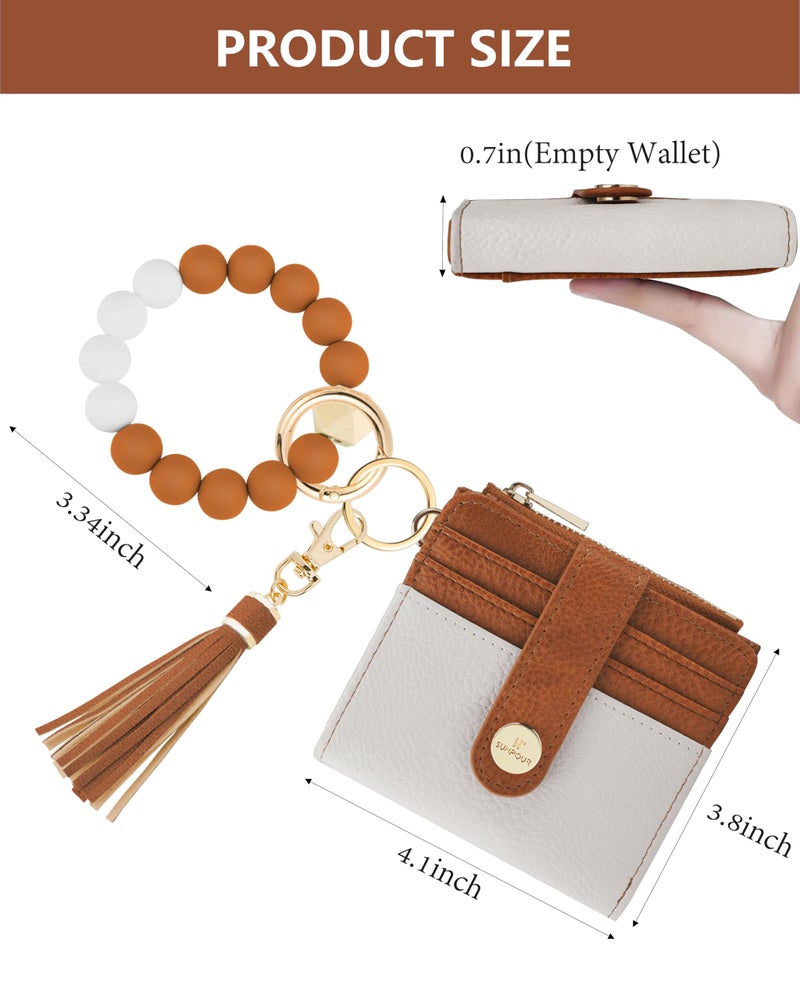 Sunpour Small Wristlet Wallets for Women Keychain Wristlet Wallet RFID Blocking Key Chain Wallet With Zipper Coin Pocket,2 Id Window (Beigeï¼†Brown) - Image 2