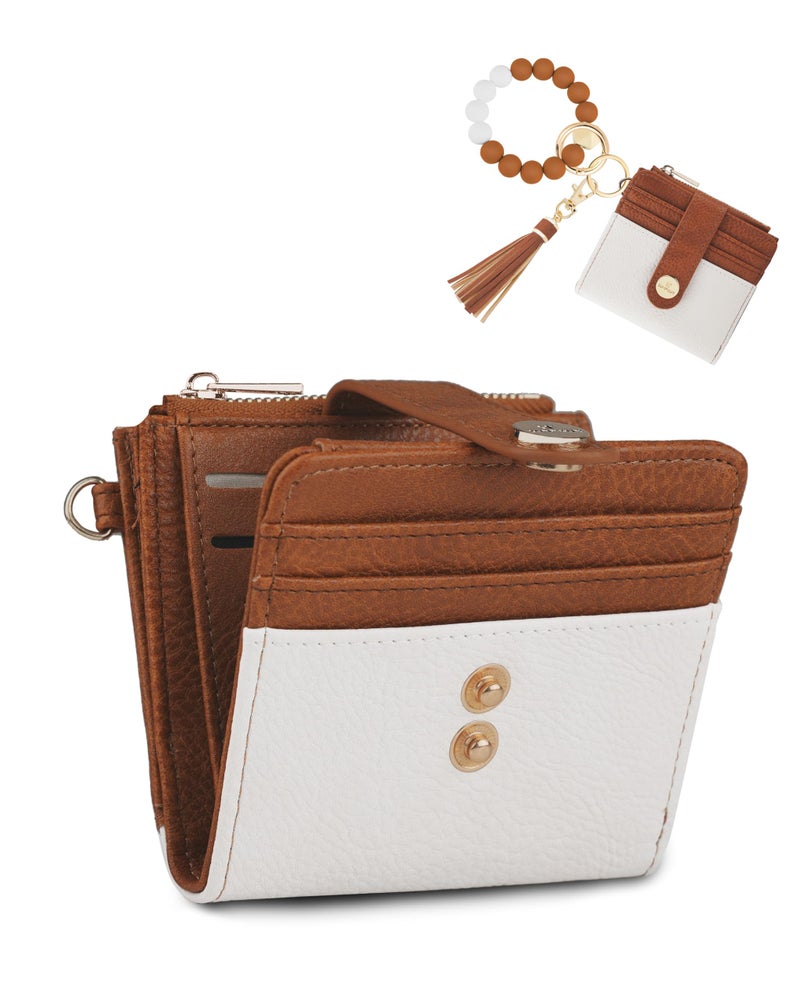 Sunpour Small Wristlet Wallets for Women Keychain Wristlet Wallet RFID Blocking Key Chain Wallet With Zipper Coin Pocket,2 Id Window (Beigeï¼†Brown) - Image 1