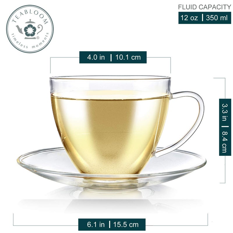 Teabloom Royal Teacup and Saucer Set 2-Pack â€“ 12 OZ/ 350 ML Capacity â€“ Glass Mug Set â€“ Premium Borosilicate Glass â€“ Durable and Heat Resistant - Image 2