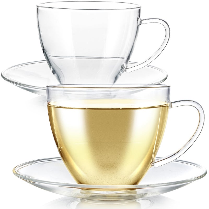 Teabloom Royal Teacup and Saucer Set 2-Pack â€“ 12 OZ/ 350 ML Capacity â€“ Glass Mug Set â€“ Premium Borosilicate Glass â€“ Durable and Heat Resistant - Image 1