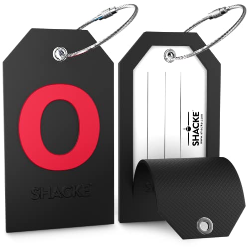 Shacke Large Luggage Tag Initial with Full Privacy Cover and Stainless Steel Loop - Black (Letter O) - Image 2