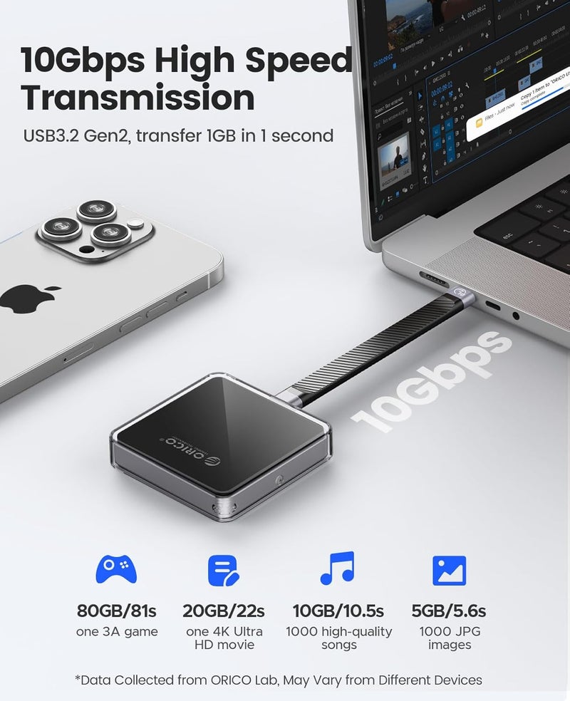 Orico حاوية SSD M.2 NVMe 2230 مغناطيسية متوافقة مع Magsafe لجهاز iPhone 15 Pro Max ProRes، 10Gbps USB C 3.2 Gen2 Type-C إلى قارئ NVMe مع غلاف واقي، حبل - AP30 أسود - Image 4