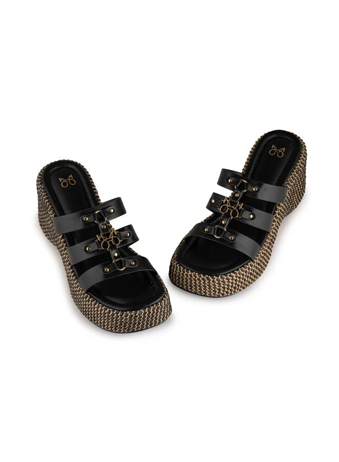 Vincci Black Women Multi Strap Wedge Sandals for Women | Best Price UAE