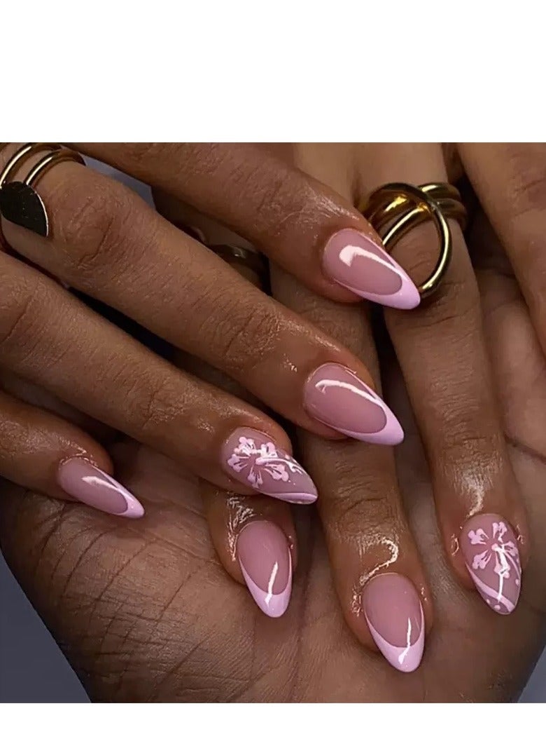 جوسكوين أظافر اصطناعية، 24 قطعة، مجموعة صيفية جديدة: أظافر اصطناعية قصيرة بشكل لوز مع تصميم نقشة زهور، ملصقات ورؤوس فنية للأظافر عصرية للنساء، تصميم بسيط وأنيق، أظافر أكريليك مع طقم غراء. - Image 1