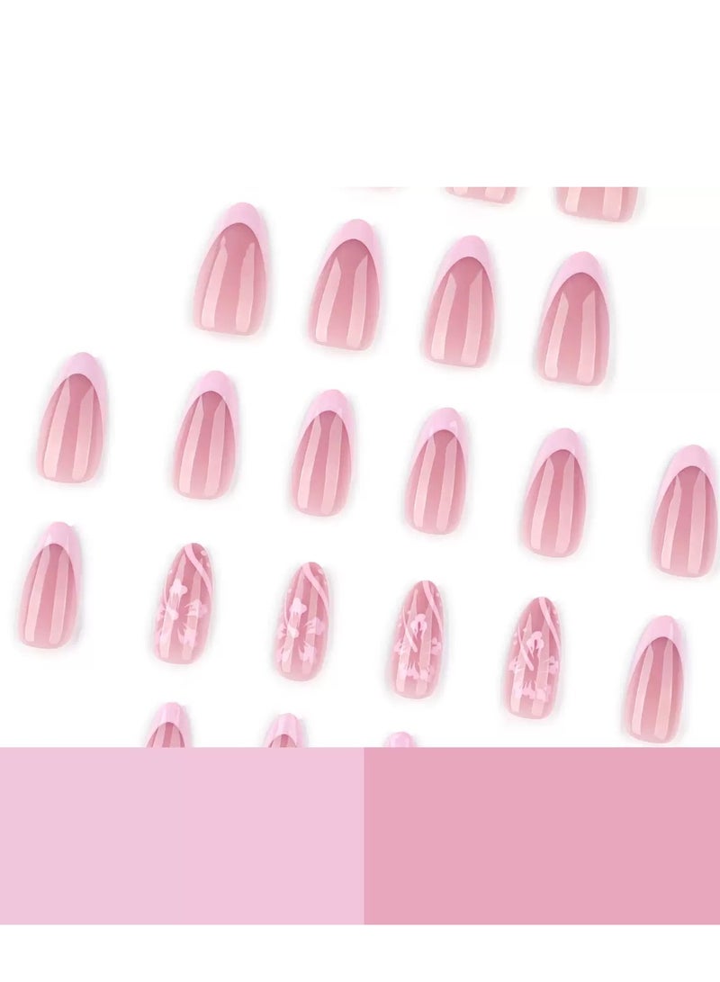 جوسكوين أظافر اصطناعية، 24 قطعة، مجموعة صيفية جديدة: أظافر اصطناعية قصيرة بشكل لوز مع تصميم نقشة زهور، ملصقات ورؤوس فنية للأظافر عصرية للنساء، تصميم بسيط وأنيق، أظافر أكريليك مع طقم غراء. - Image 2