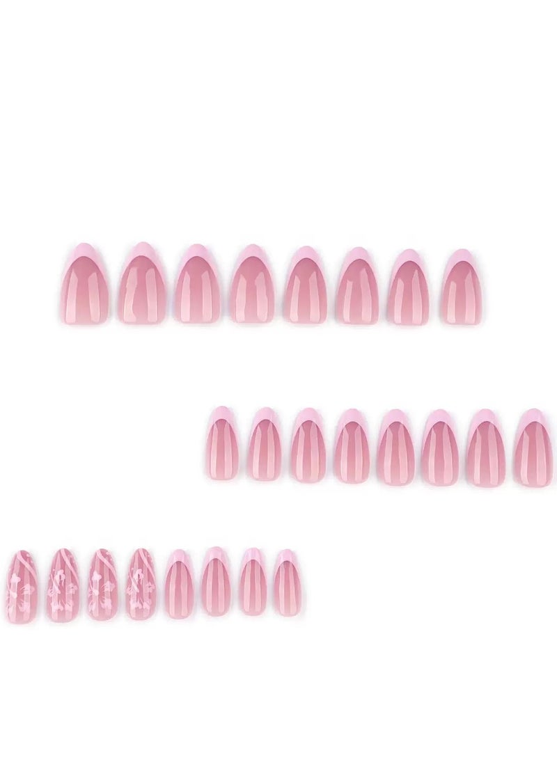 جوسكوين أظافر اصطناعية، 24 قطعة، مجموعة صيفية جديدة: أظافر اصطناعية قصيرة بشكل لوز مع تصميم نقشة زهور، ملصقات ورؤوس فنية للأظافر عصرية للنساء، تصميم بسيط وأنيق، أظافر أكريليك مع طقم غراء. - Image 4