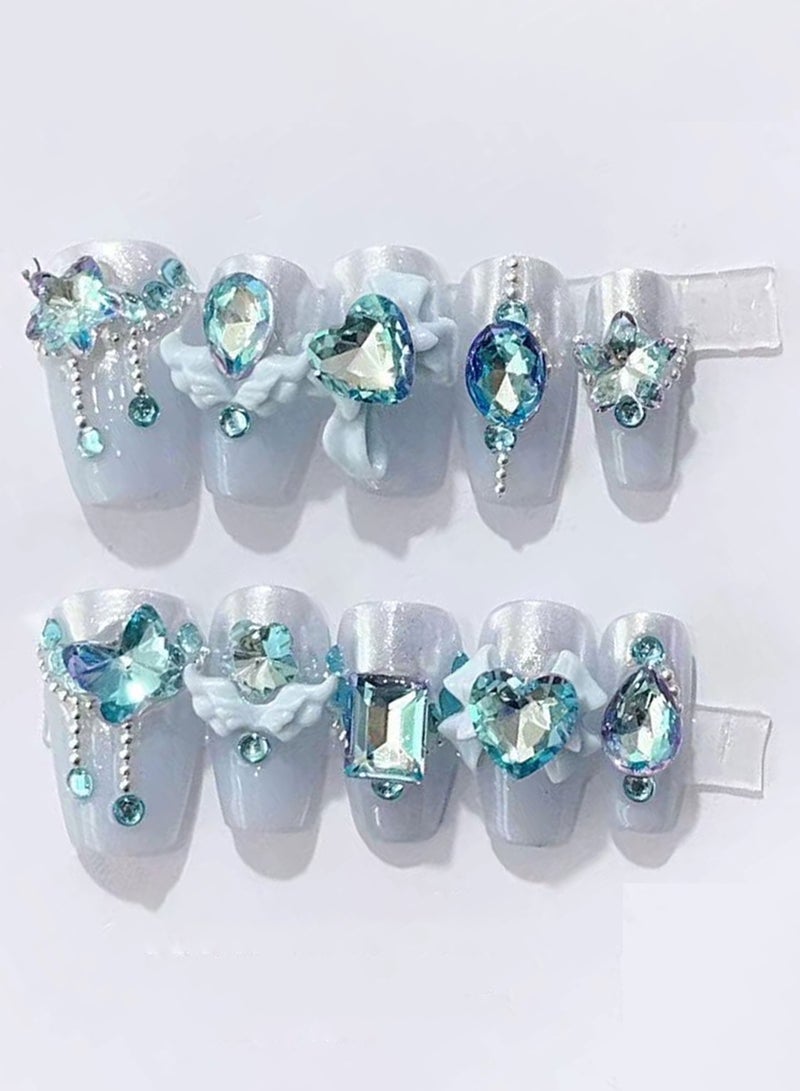 False Nails Blue Aquamarine Fairy Shimmer Diamond Wings Bow Press On Nails Manicure - Image 1