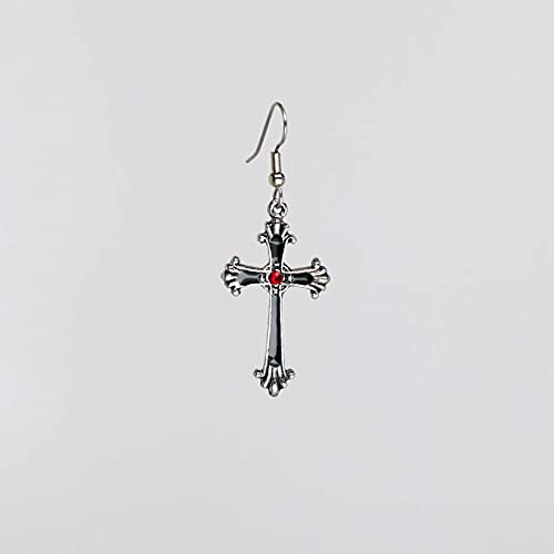 Real Metal Gothic Victorian Cross Dangle Earrings with Red Austrian Crystals - Image 5