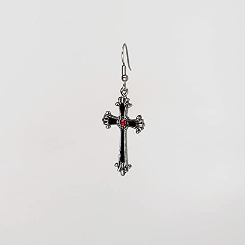 Real Metal Gothic Victorian Cross Dangle Earrings with Red Austrian Crystals - Image 4