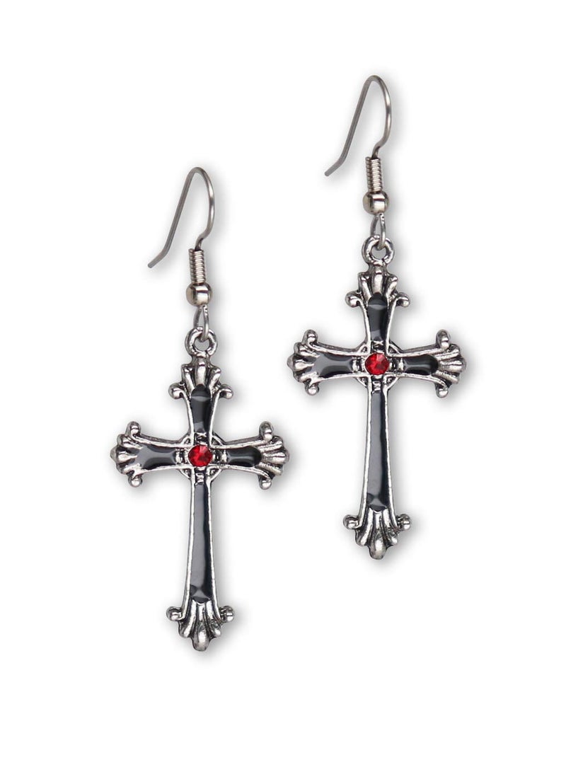 Real Metal Gothic Victorian Cross Dangle Earrings with Red Austrian Crystals - Image 1