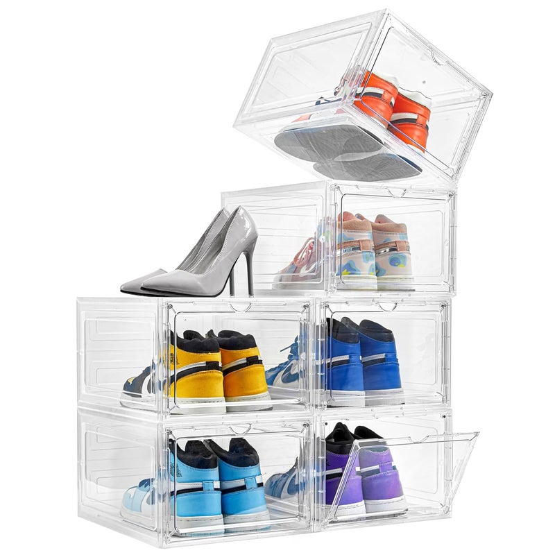 Attelite Drop Front Shoe BoxSet of 6Stackable Plastic Shoe Box with Clear Door As Shoe Storage Box and Clear Shoe BoxFor Display SneakersEasy AssemblyFit up to US Size 12134x 106x 74