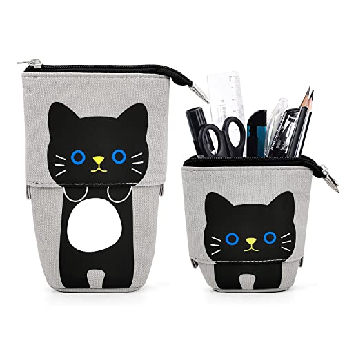 KPX Cat Cute Standing Pencil Case for Kids, Pop Up Pencil Box Makeup Pouch, Stand UP Cartoon Christmas Gift Kids Pen Holder Organizer Cosmetics Bag, Kawaii Stationary (Black Cat) - Image 1
