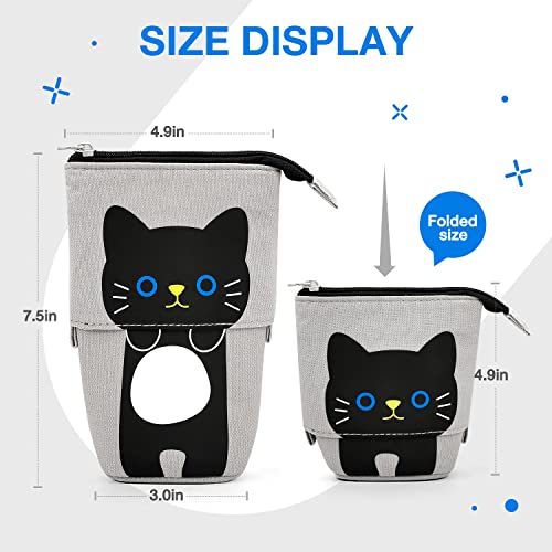 KPX Cat Cute Standing Pencil Case for Kids, Pop Up Pencil Box Makeup Pouch, Stand UP Cartoon Christmas Gift Kids Pen Holder Organizer Cosmetics Bag, Kawaii Stationary (Black Cat) - Image 2