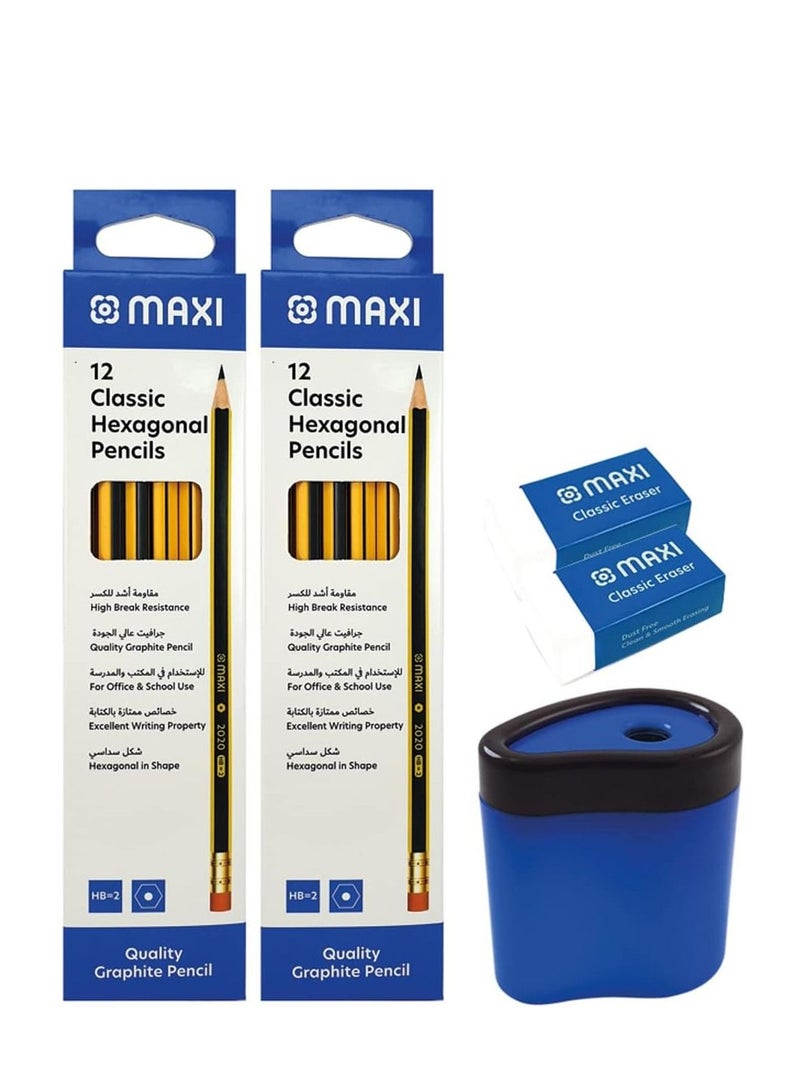 Maxi Hexagonal Graphite Pencil HB with Eraser tip 24pcs + Plastic Barrel Sharpener + PVC Free Classic Eraser-2pcs (Writing Combo Pack) - Image 1
