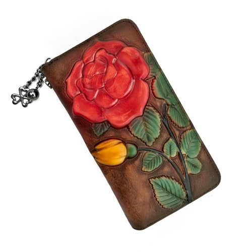 SHARPAD Wallet Genuine Leather for Women - with RFID Blocking Card checkbook ID Slot Large Capacity Vintage style (big rose coffee) - Image 1