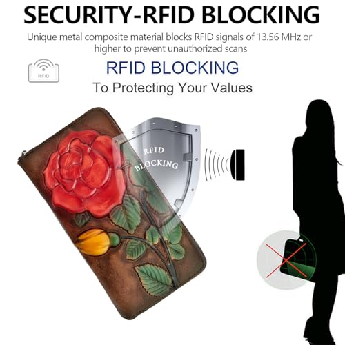 SHARPAD Wallet Genuine Leather for Women - with RFID Blocking Card checkbook ID Slot Large Capacity Vintage style (big rose coffee) - Image 2