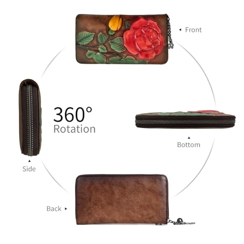 SHARPAD Wallet Genuine Leather for Women - with RFID Blocking Card checkbook ID Slot Large Capacity Vintage style (big rose coffee) - Image 5